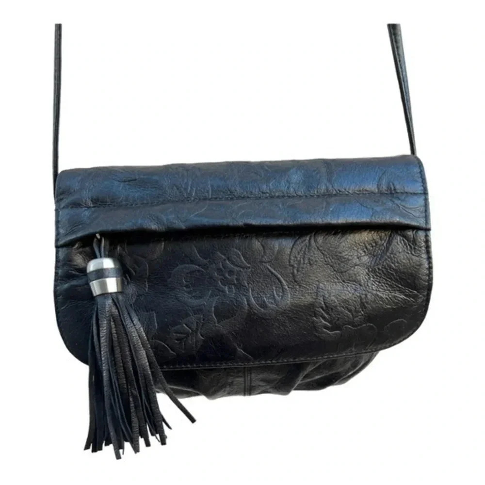 Vintage Crossbody Black Leather Bag Purse Floral Embossed‎ Leather with Tassel‌